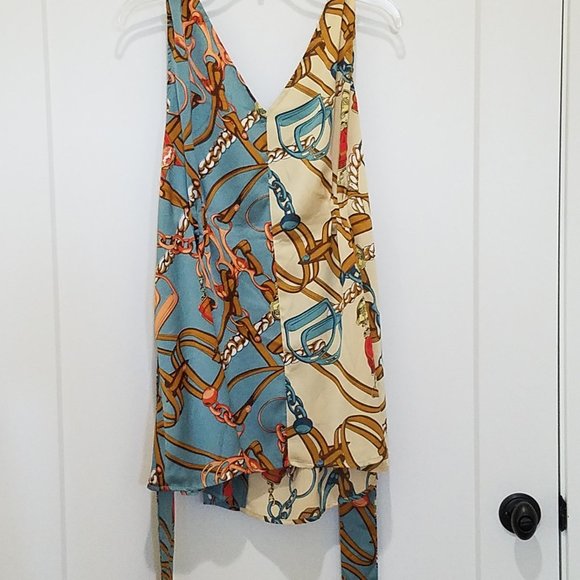 blue cream ivory chains tie sleeveless blouse - Picture 2 of 9